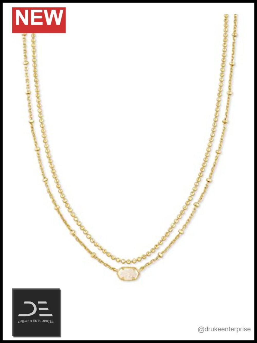 Gold Plated Brass Multi Strand Necklace Iridescent Drusy Lobster Clasp